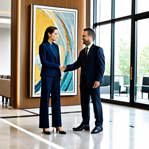 A sophisticated man and woman in modest, professional attire, standing in an elegant, modern hotel lobby, observing a large-scale abstract painting and a minimalist sculpture seamlessly integrated into the interior design. The space is bathed in natural light from large windows, with comfortable, stylish seating. The atmosphere is calm and appreciative of art. This is a professional photograph, high resolution, detailed, with perfect anatomy, correct proportions, well-formed hands, proper finger count, and natural body proportions. The subjects are fully clothed in appropriate attire, safe for work, and the content is appropriate and family-friendly.