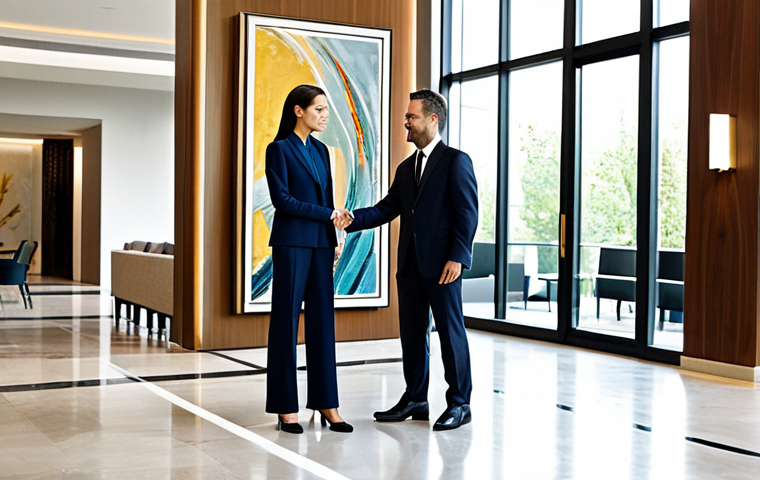 A sophisticated man and woman in modest, professional attire, standing in an elegant, modern hotel lobby, observing a large-scale abstract painting and a minimalist sculpture seamlessly integrated into the interior design. The space is bathed in natural light from large windows, with comfortable, stylish seating. The atmosphere is calm and appreciative of art. This is a professional photograph, high resolution, detailed, with perfect anatomy, correct proportions, well-formed hands, proper finger count, and natural body proportions. The subjects are fully clothed in appropriate attire, safe for work, and the content is appropriate and family-friendly.