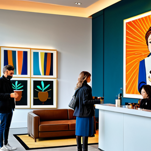 Art Hotel Lobby Scene**

"A brightly lit art hotel lobby featuring contemporary art pieces on the walls, comfortable modern furniture, and guests relaxing with coffee. A barista is preparing a pour-over coffee at a stylish coffee bar in the background. Fully clothed guests in fashionable, modern clothing. Perfect anatomy, correct proportions, natural pose, well-formed hands, proper finger count. Safe for work, appropriate content, fully clothed, professional, family-friendly, high quality, professional photography."

**