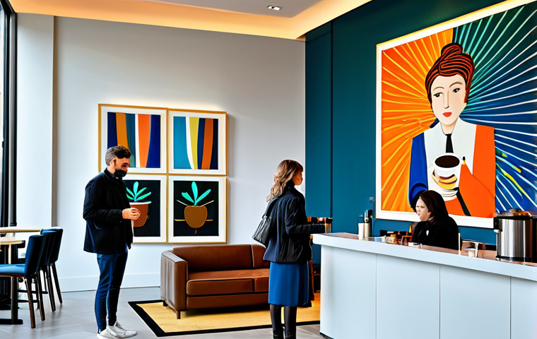 Art Hotel Lobby Scene**

"A brightly lit art hotel lobby featuring contemporary art pieces on the walls, comfortable modern furniture, and guests relaxing with coffee. A barista is preparing a pour-over coffee at a stylish coffee bar in the background. Fully clothed guests in fashionable, modern clothing. Perfect anatomy, correct proportions, natural pose, well-formed hands, proper finger count. Safe for work, appropriate content, fully clothed, professional, family-friendly, high quality, professional photography."

**