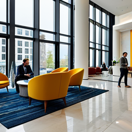 Modern Art Hotel Lobby**

"A spacious, bright lobby in a modern art hotel, featuring minimalist furniture, large abstract sculptures, and floor-to-ceiling windows overlooking a vibrant cityscape. Guests are casually dressed in stylish, appropriate attire, fully clothed, engaging in conversation or using laptops.  Safe for work, professional environment, perfect anatomy, natural proportions, high quality."

**
