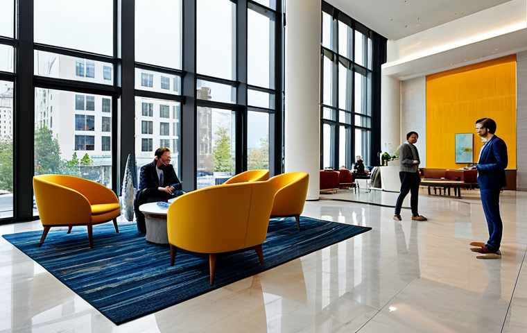 Modern Art Hotel Lobby**

"A spacious, bright lobby in a modern art hotel, featuring minimalist furniture, large abstract sculptures, and floor-to-ceiling windows overlooking a vibrant cityscape. Guests are casually dressed in stylish, appropriate attire, fully clothed, engaging in conversation or using laptops.  Safe for work, professional environment, perfect anatomy, natural proportions, high quality."

**
