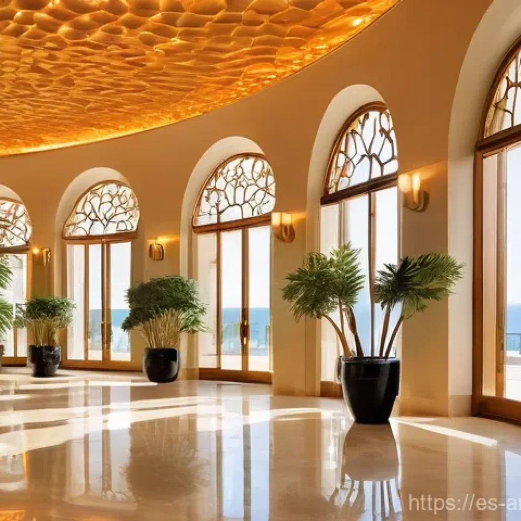 아트호텔 로비 디자인 - **Prompt 1: "The Mediterranean Welcome"**
    "A wide-angle shot of a luxurious and warmly lit hotel...
