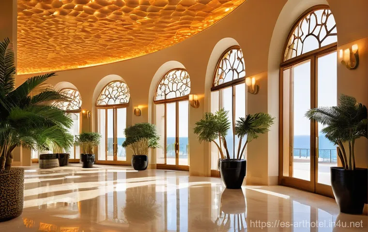 아트호텔 로비 디자인 - **Prompt 1: "The Mediterranean Welcome"**
    "A wide-angle shot of a luxurious and warmly lit hotel...
