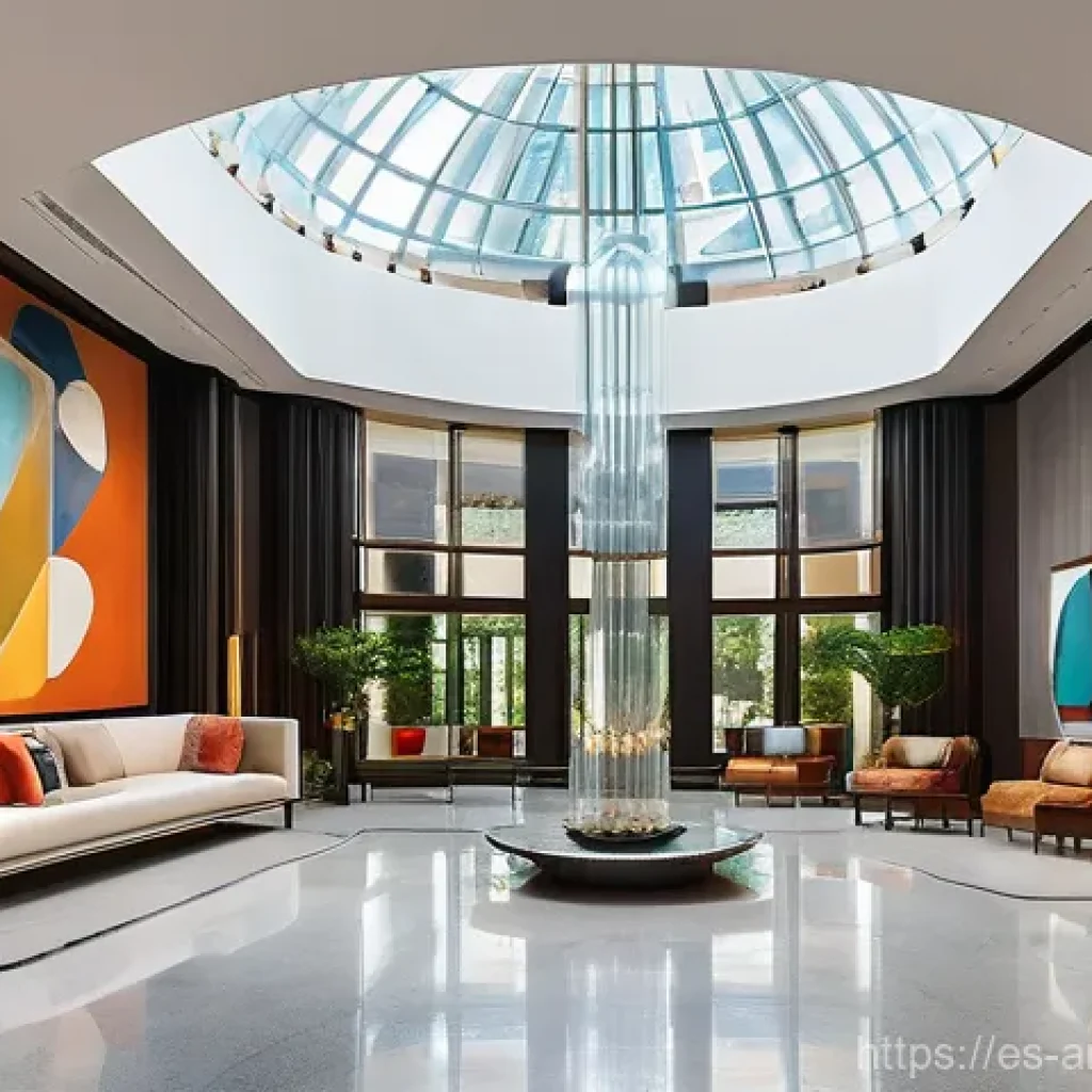 아트호텔과 현대미술 - **"A grand, elegant hotel lobby that seamlessly integrates monumental contemporary art with its soph...