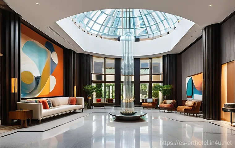 아트호텔과 현대미술 - **"A grand, elegant hotel lobby that seamlessly integrates monumental contemporary art with its soph...
