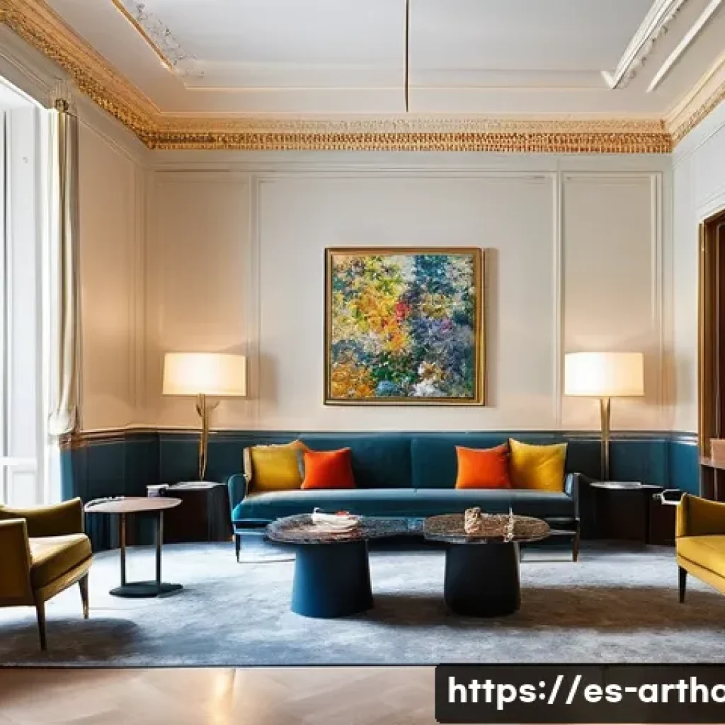 아트호텔 예약 꿀팁 - **Prompt:** An elegant, high-end art hotel lobby in a major European city like Barcelona, bathed in ...