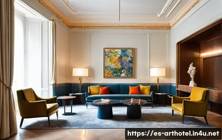 아트호텔 예약 꿀팁 - **Prompt:** An elegant, high-end art hotel lobby in a major European city like Barcelona, bathed in ...