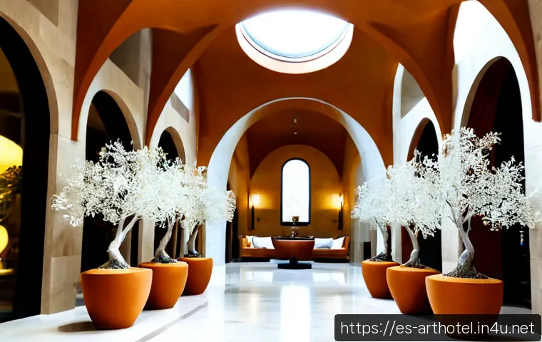 아트호텔 로비 장식 - Photorealistic luxury art hotel lobby in Barcelona, soaring limestone walls, a monumental abstract c...